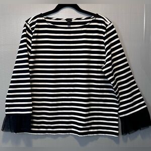 J Crew Women’s Black White Stripe Knit Blouse Boat Neck Tulle Cuff Size XL